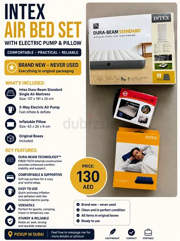 Intex Dura-Beam Single Air Mattress + Electric Pump + Pillow NEW