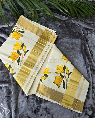 Traditional Kerala Kasavu Saree with Yellow Floral Print - Excellent Condition