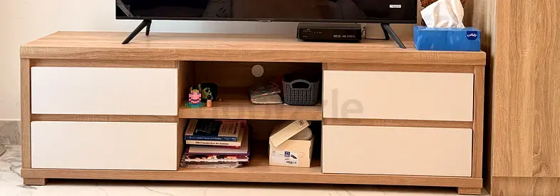 Low TV Cabinet with Open Shelves and Two Drawers - Light Oak