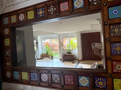 Handcrafted Solid Wood Decorative Mirror with Hand-Painted Ceramic Tiles