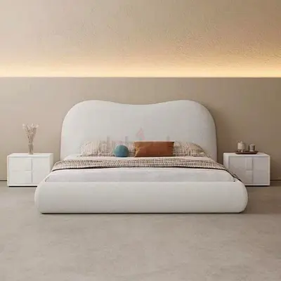 Modern upholstered platform bed with curved headboard - White, Queen/King
