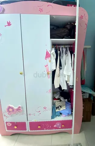 Pink Girls Wardrobe / Closet - 3 Door with Drawers, Good Condition