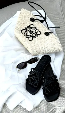 Loewe Straw tote bag with black logo, black slide sandals - set