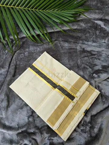 Gents kaithari mundu with kasavu border and black 3D digital art (kuthampully)