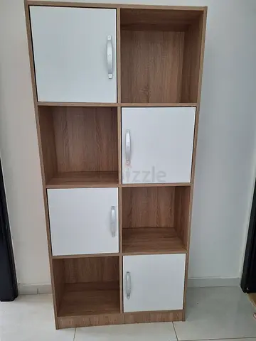 8-Compartment Wooden Storage Shelf with White Doors - Good Condition