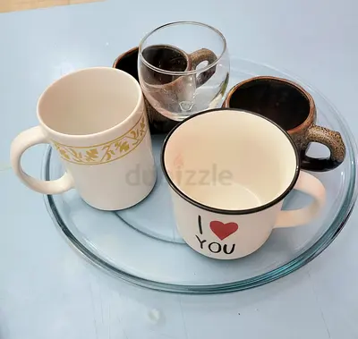 Set of mixed coffee mugs I ❤️ you with Glass Turntable Plate (Round) - 30cm approx