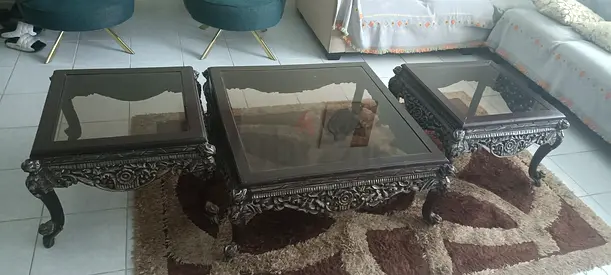 Set of 3 Carved Wooden Coffee Side Tables with Glass Tops