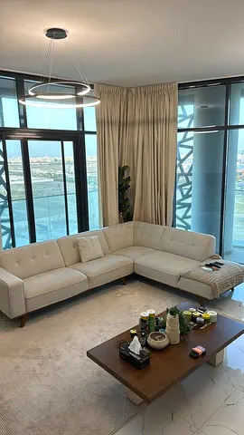 L-shaped fabric sofa set - 3-seater corner sofa in excellent condition + Wood table + 2.5/3