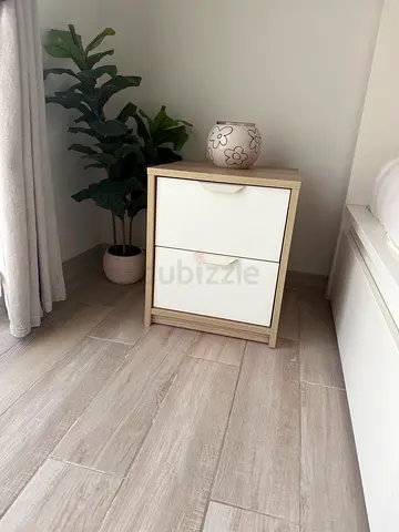 2 Small two-drawer bed side cabinet in light oak and white