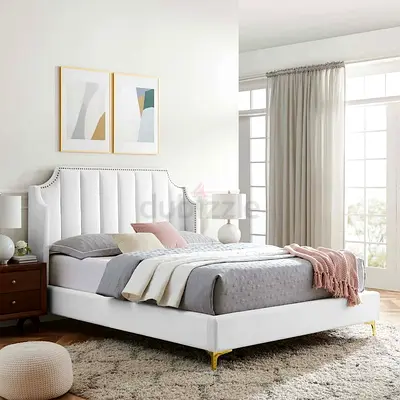 White soft velvet upholstered curved wings queen bed frame