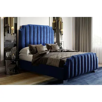 Blue Velvet Upholstered Bed Frame with Tall Padded Headboard (Queen/King)