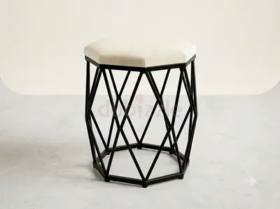 Hexagonal Metal Frame Stool with Cream Upholstered Seat