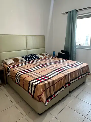 King size upholstered bed, mattress with headboard - good condition