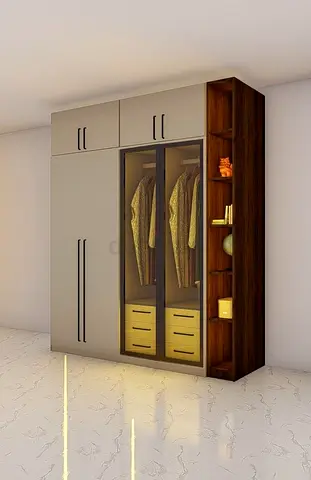 Modern Wardrobe with Glass Doors and Open Shelving