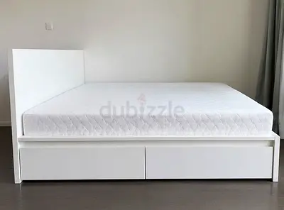 Ikea Bed MALM, high, w 4 storage boxes, white/Luröy, with mattress