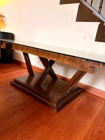 Solid Wood Console Table with Glass Top - Dark Brown