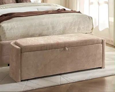 Beige Upholstered Storage Ottoman Bench - Foot of Bed Seating