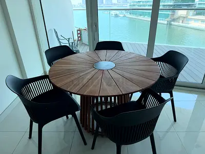 Round Wooden Dining Table with 5 Black Chairs - Excellent Condition - Indoor/Outdoor