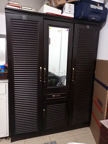 3 Door Dark Brown Wooden Wardrobe with Mirror and Drawers