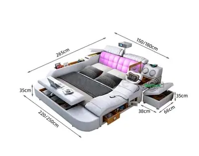 Smart Bed with mattress, Projector, Massage, Wireless Charging –  More – 200x180 cm
