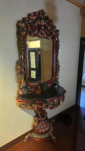 Antique Ornate Hand Carved Wooden Mirror Crafted in Egypt in 1982.