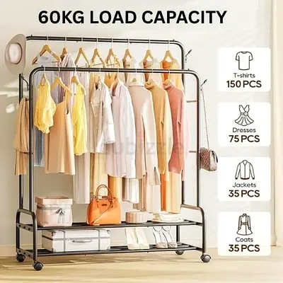 Clothes Rack Double Rail 60kg Load Capacity, Clothing Rack for Hanging Clothes with Wheels and 2-Tie