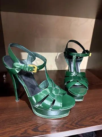 Green Patent Leather High Heel Sandals with Ankle Strap - Size Unknown
