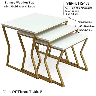 Nest of Three Side Tables - White Wooden Tops with Gold Metal Legs