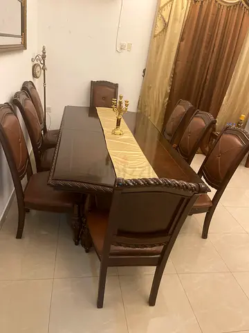 Solid Wood Dining Table with 6 Upholstered Chairs - Classic Dark Finish