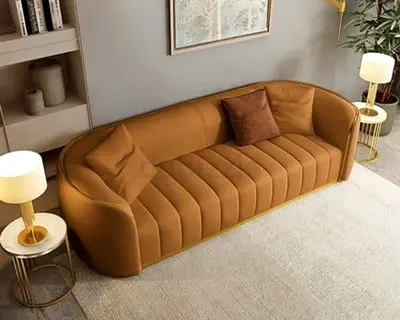 Modern Tan Ribbed Fabric Sofa with Gold Base