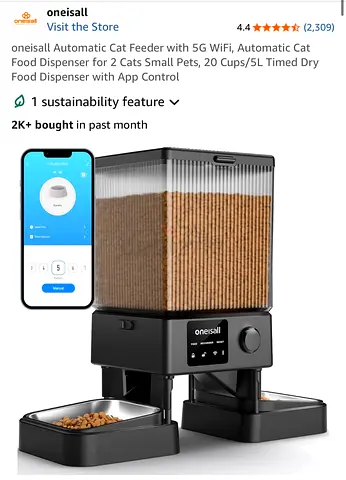 Oneisall full Automatic Cat Feeder with 5G/2.4G  WiFi, for 2 pets,works remotely while outside