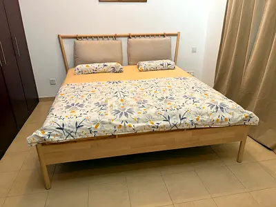 IKEA BJÖRKSNÄS wooden kings bed frame 200x180 cm with headboard cushions - birch wood