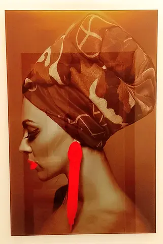 Glass Mirror Framed Portrait Art Print of Woman with Headwrap and Red Earrings