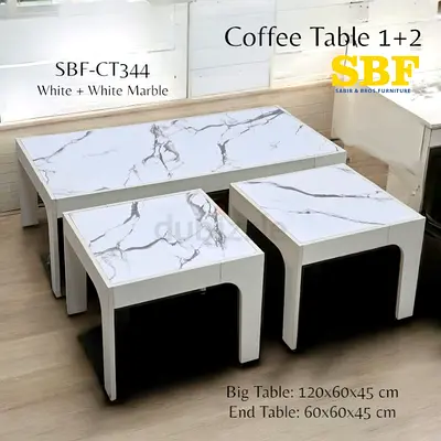 White Marble Top Coffee Table Set (3pc) — Big 120x60x45cm + 2 Ends 60x60x45cm