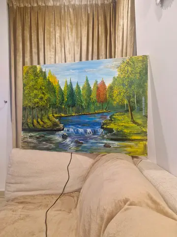 BIG Original hand painted oil painting - Forest river landscape