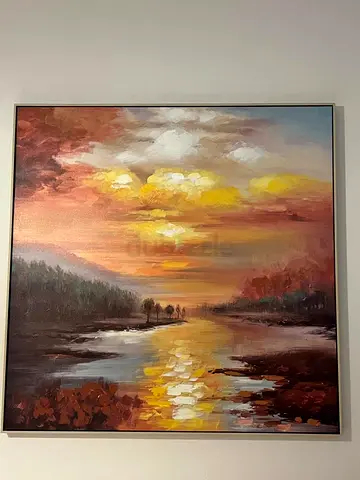 Original Framed Landscape Oil Painting — Sunset Over River