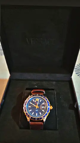 Versace Mens GMT Watch with Brown Leather Strap