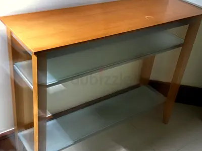 Solid Wood Console Table with Two Glass Shelves - Light Oak Finish