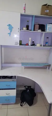 White and Light Blue Corner Study Desk with Shelves and Drawers