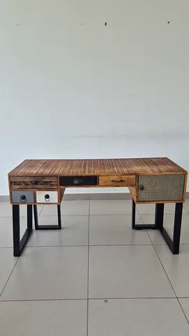 Solid Wood Office Desk with Drawers and Metal Legs