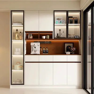 Modern Built-in Kitchen Cabinet with Display Shelves and Storage