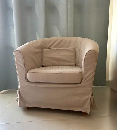 Beige Upholstered Armchair with Slipcover - Comfortable Single Seat