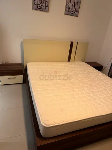 Single bed frame with mattress and bedside table and dresser with drawers and mirror- good condition