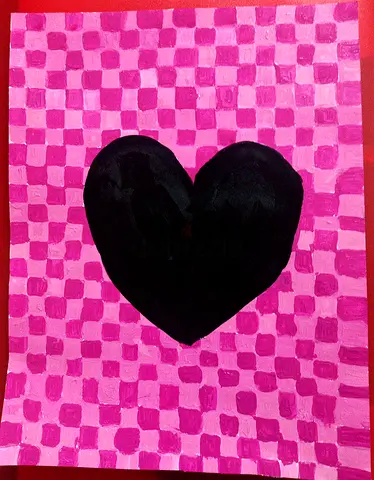Black Heart Painting on Pink Checkered Background