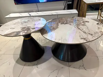 Pair of 2 Modern Marble-Top Coffee Tables with Black Cone Bases
