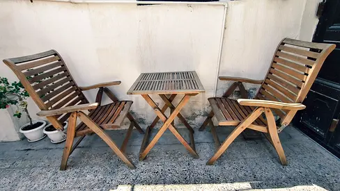 Outdoor wooden folding chairs and table