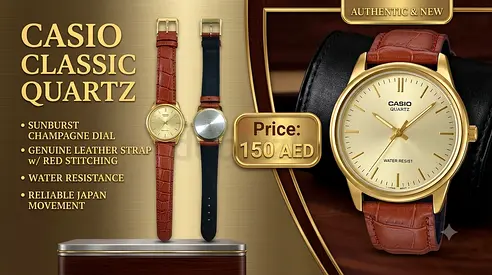 Casio Classic Quartz Watch with Champagne Dial and Leather Strap
