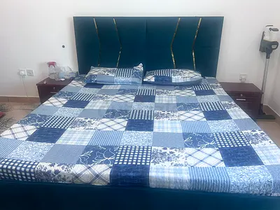 Used King Size Upholstered Velvet Headboard - Teal Blue, Modern Design With Matress and 2 side table