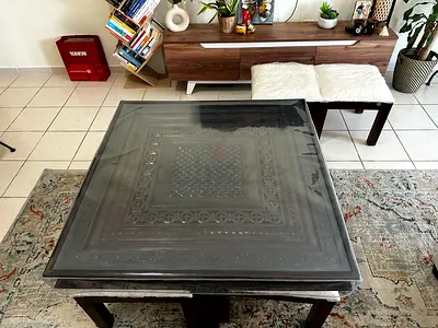 Premium Solid Wood Square Coffee Table with Glass Top and 4 stools