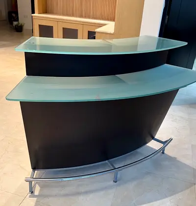 Curved Reception/Bar Counter with Frosted Glass Tops and bar stools